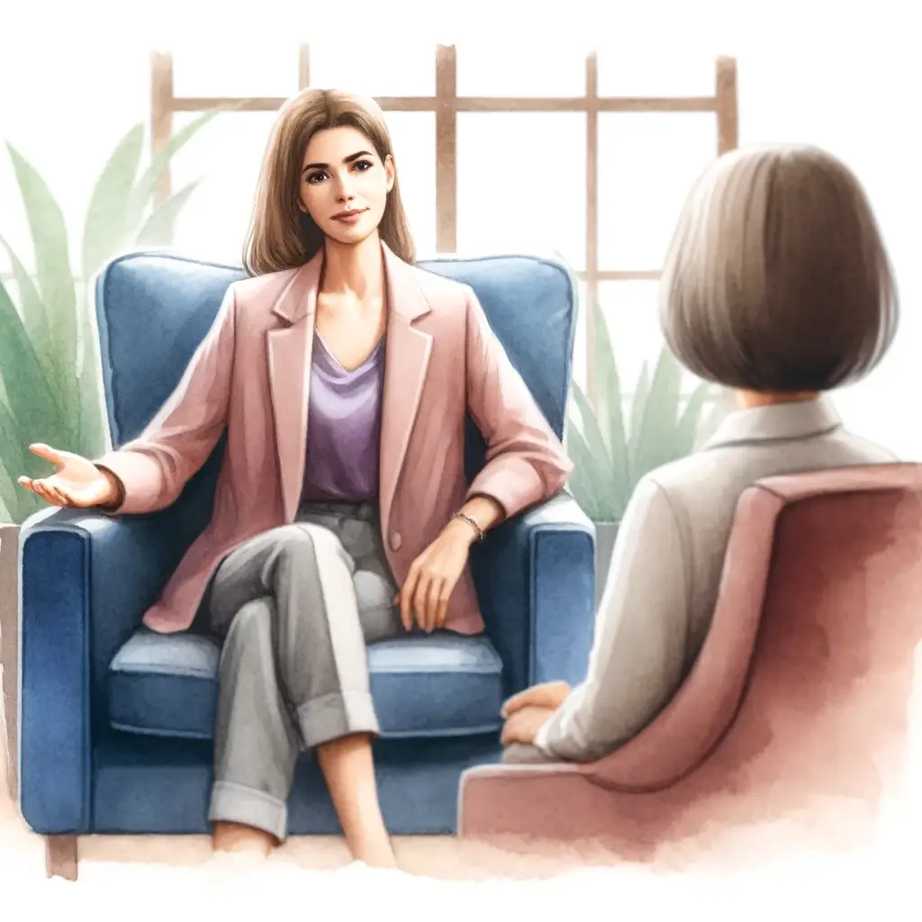 Une psychanalyste en discussion, assise toute les deux, écoutant attentivement une patiente dans un cadre apaisant.
